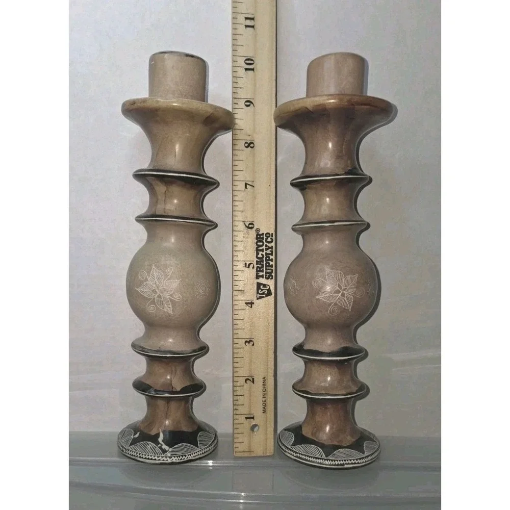 Vintage Hand Painted African Style Stone Candle Holders Set of 2 Kenya Brown